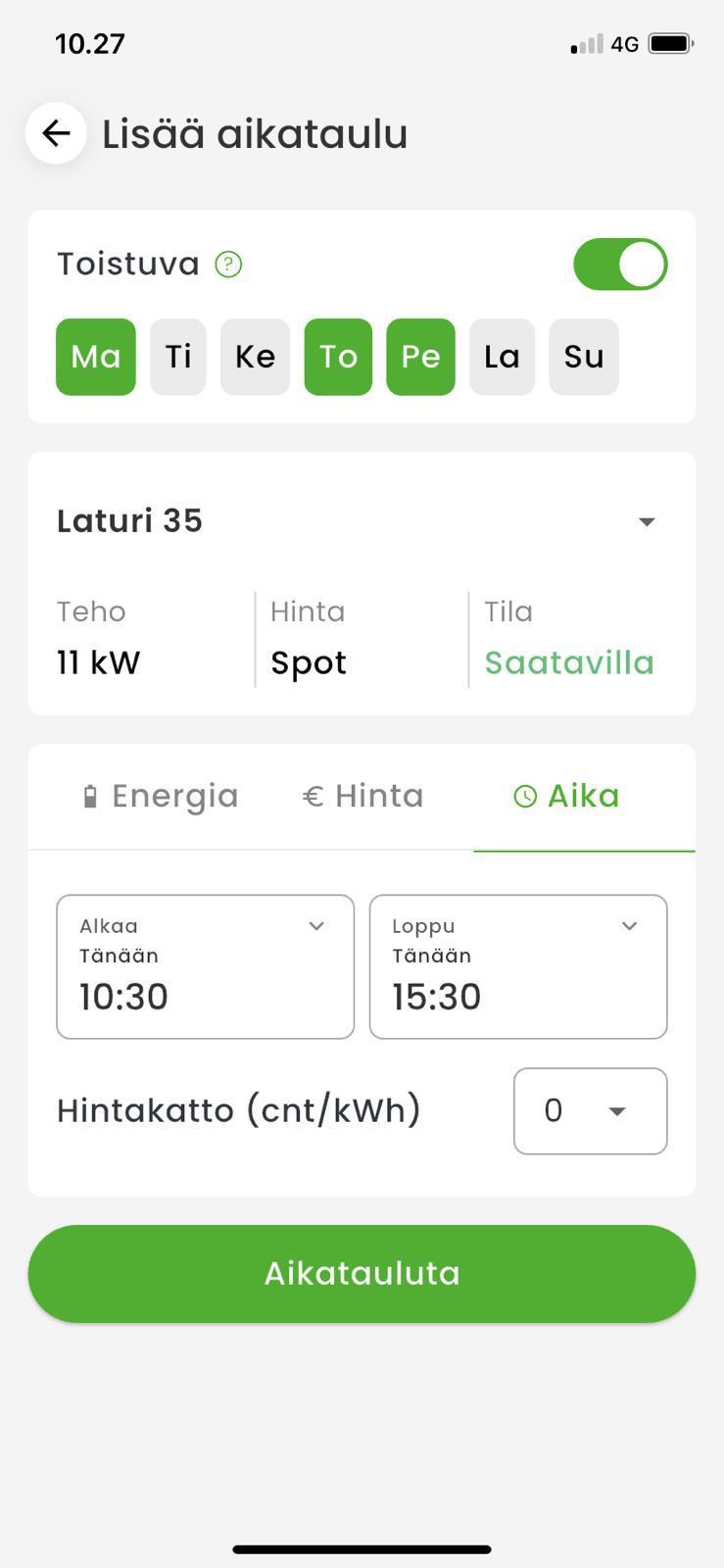 KotiCharge-sovelluksen toistuvan latausaikataulun lisäysnäkymä