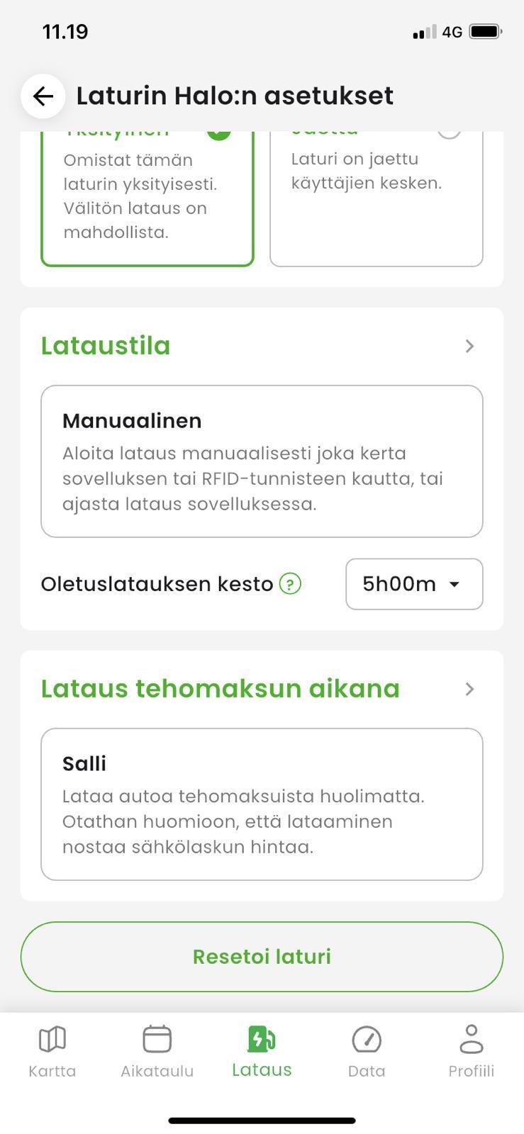 KotiCharge-sovelluksen latauspisteen asetukset ja uudelleenkäynnistyspainike