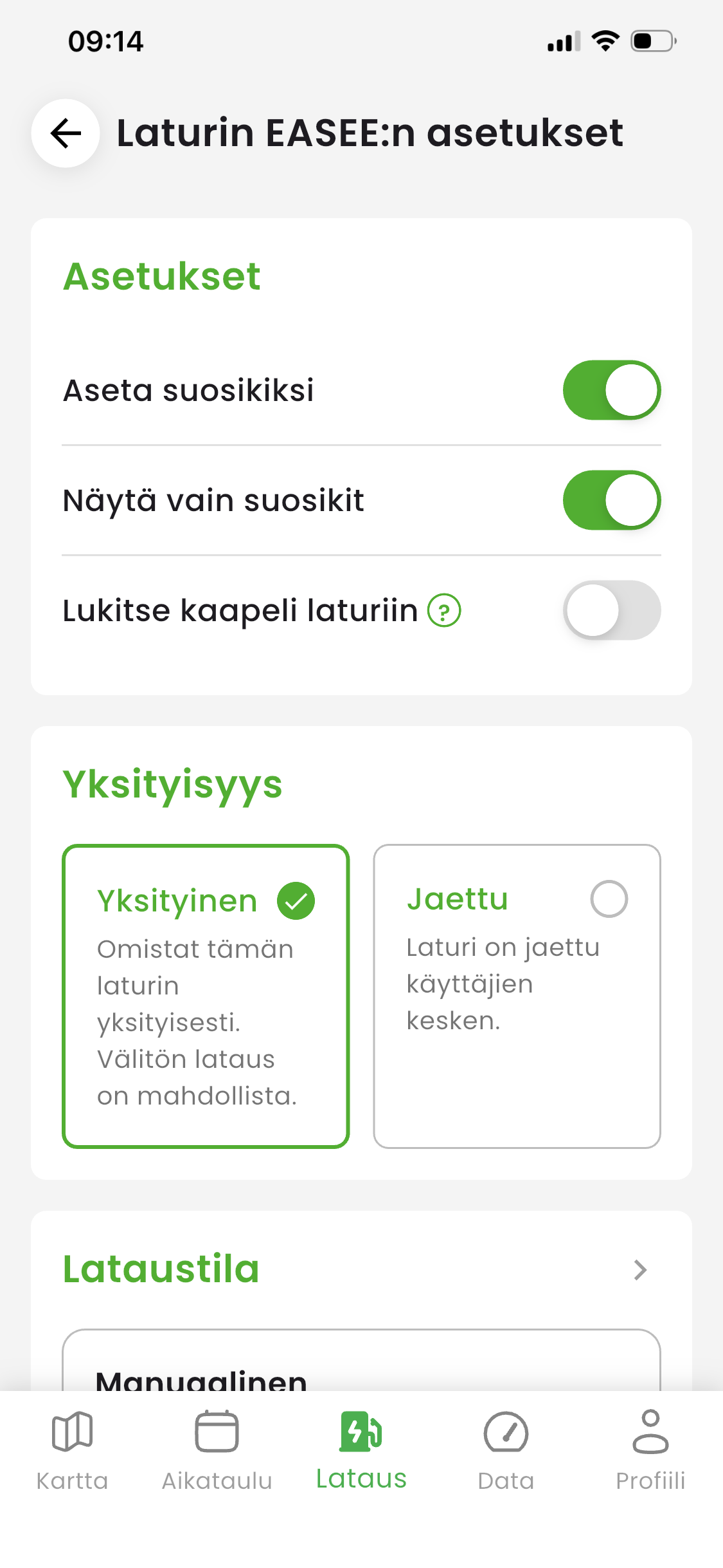 KotiCharge-sovelluksen latauspisteen asetukset ja yksityisyyskytkin