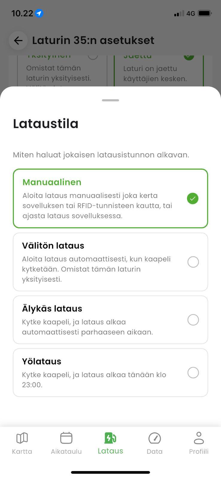 KotiCharge-sovelluksen lataustilan valintanäkymä