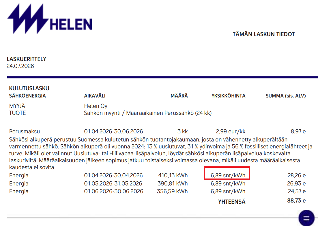 Esimerkki Helen-laskusta, jossa näkyy kiinteä sähkön hinta (energia)