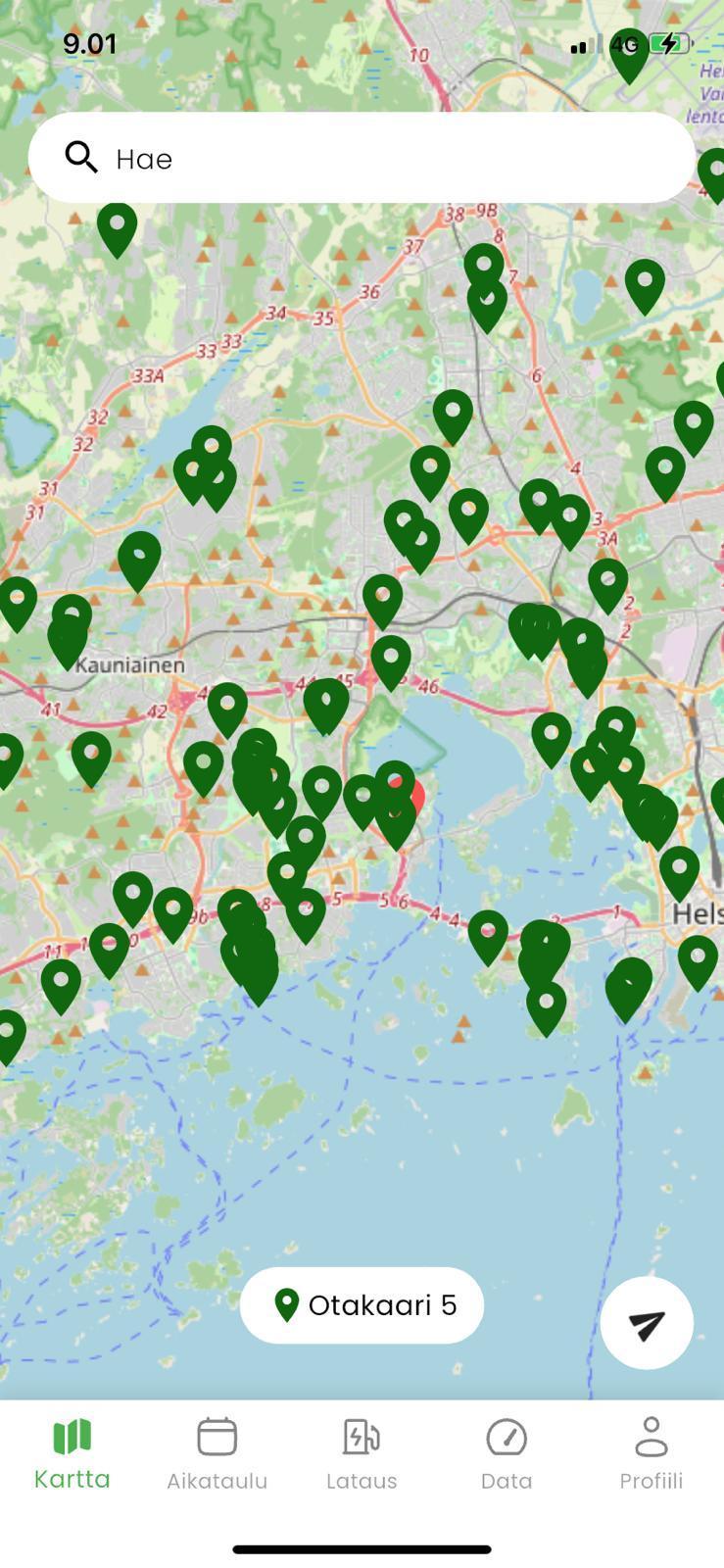 KotiCharge-sovelluksen karttanäkymä latauspaikan valintaan
