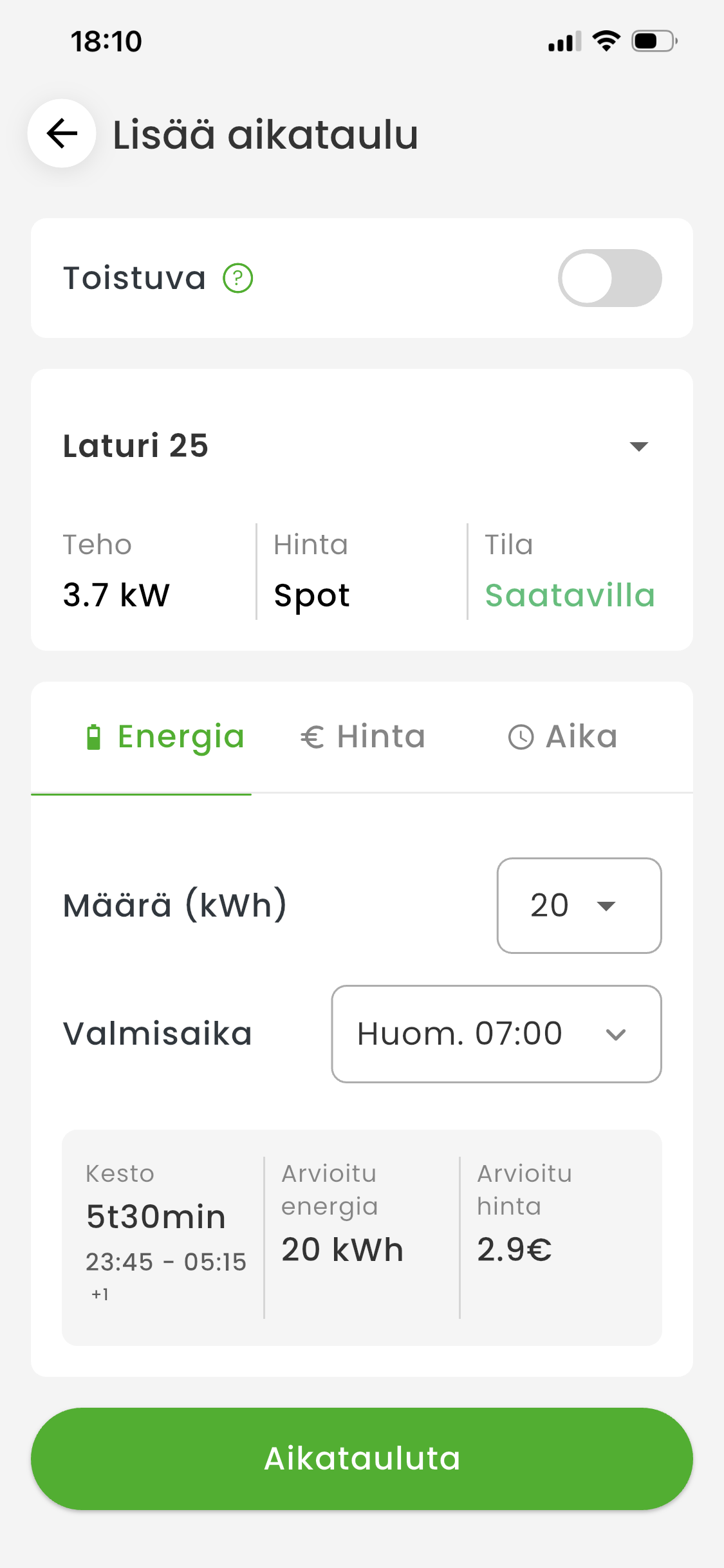 KotiCharge-sovelluksen latausaikataulun lisäysnäkymä