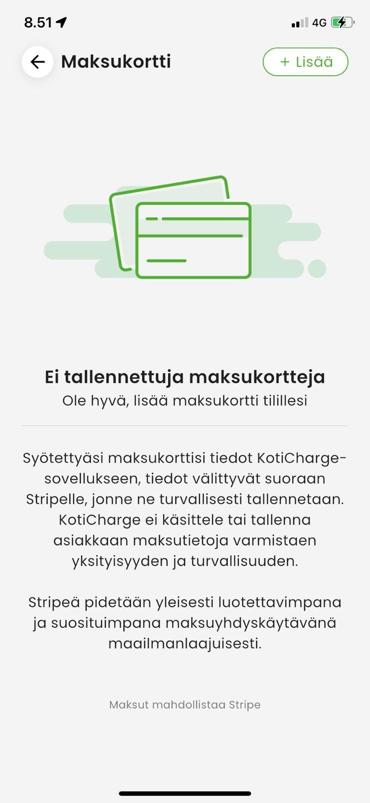 KotiCharge-sovelluksen maksukortin lisäysnäkymä