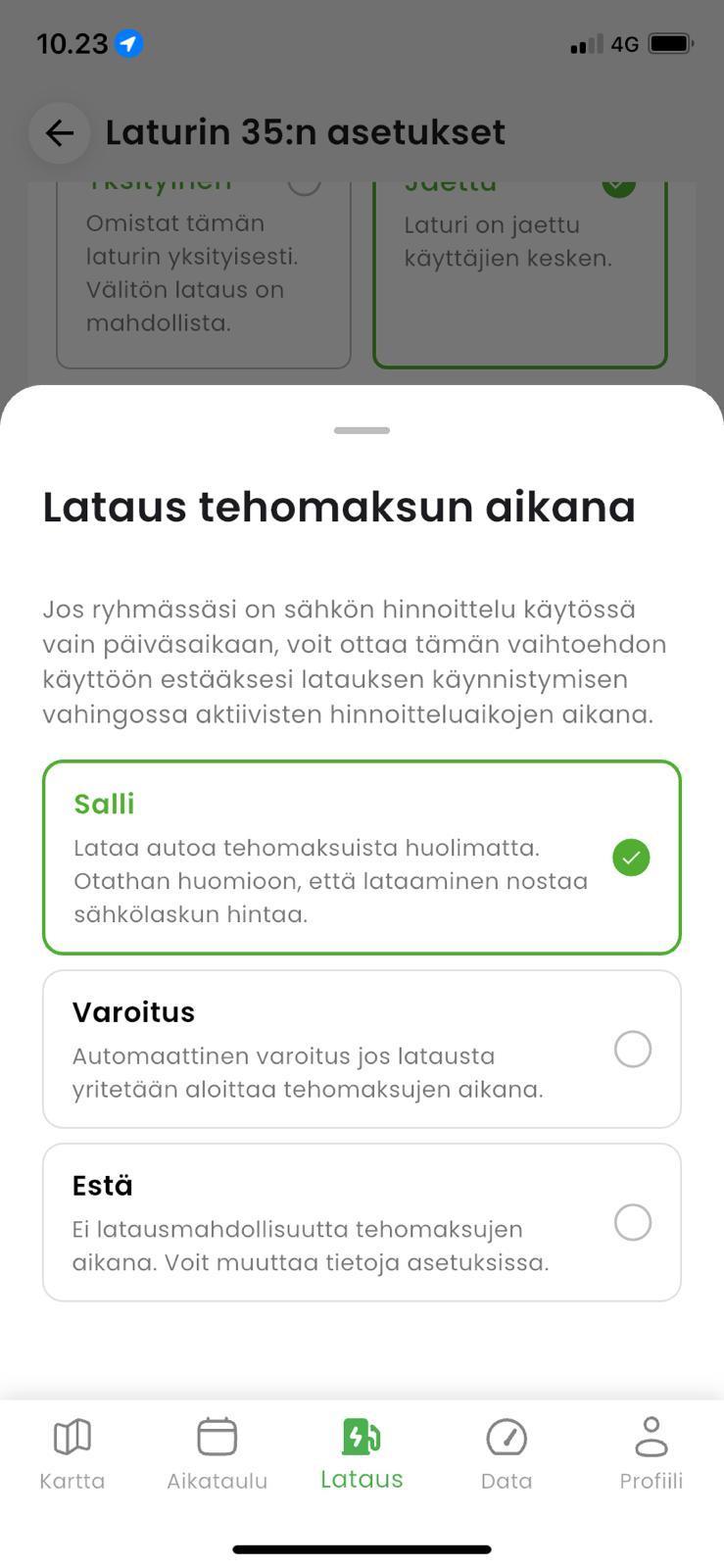 KotiCharge-sovelluksen asetukset lataukselle tehomaksujakson aikana