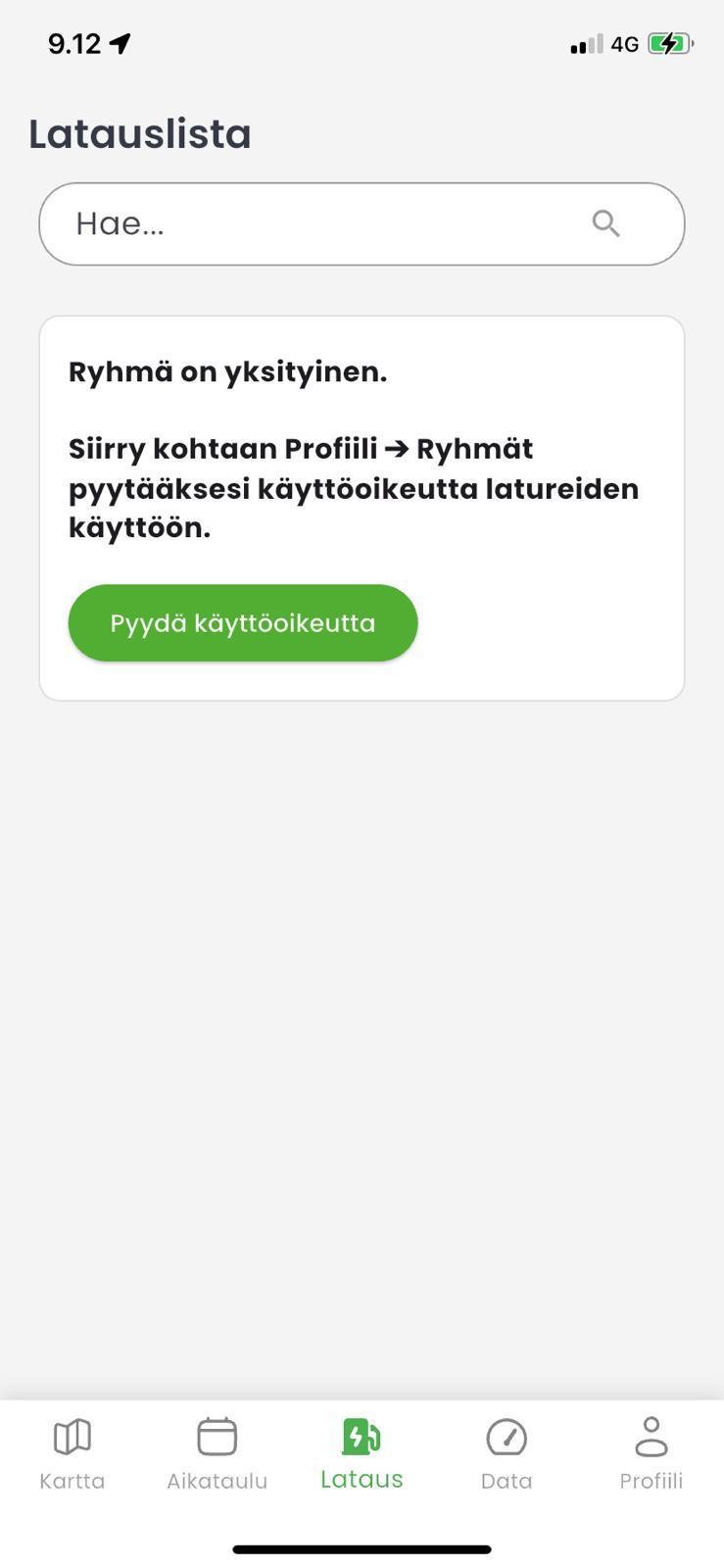 KotiCharge-sovelluksen käyttöoikeuspyyntö yksityiseen ryhmään