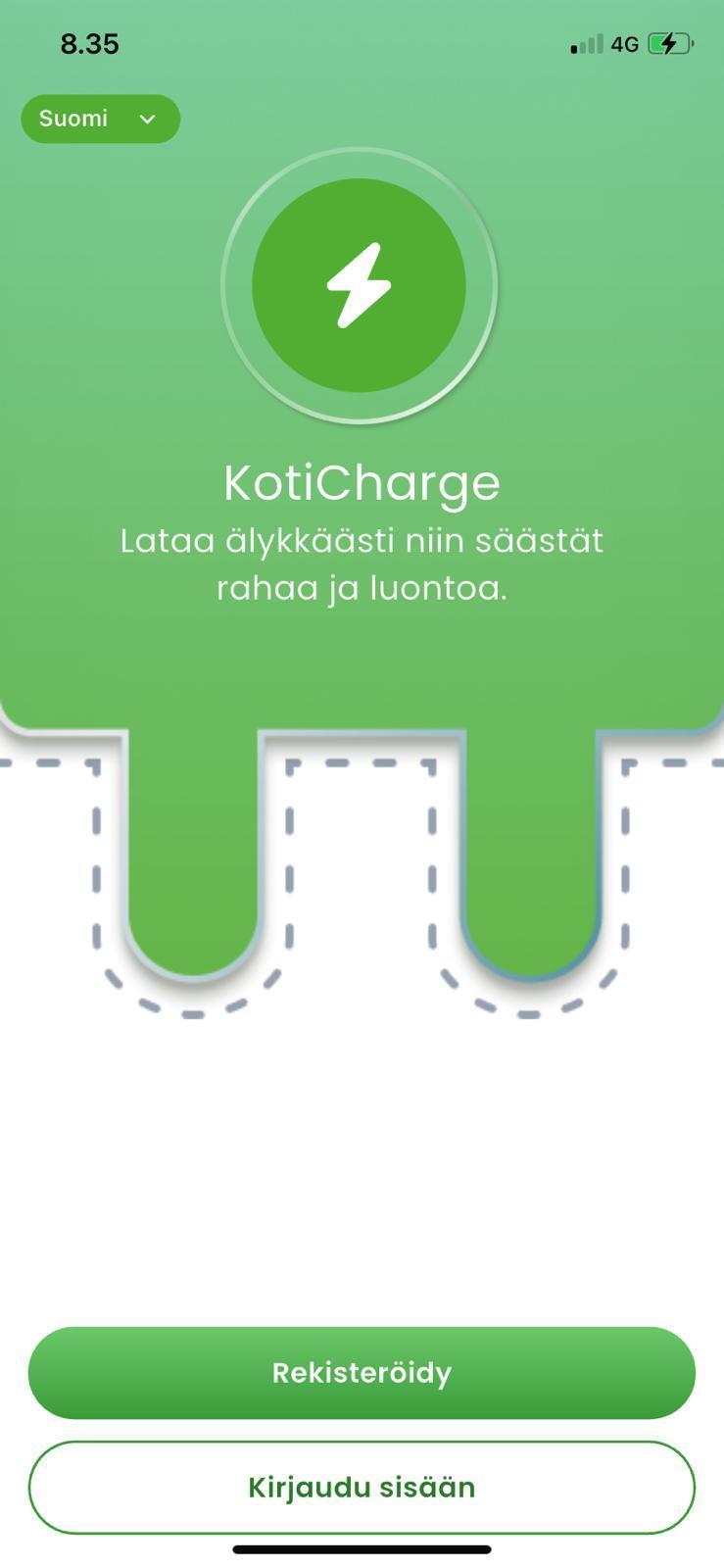 KotiCharge-sovelluksen aloitus- ja kirjautumisnäkymä