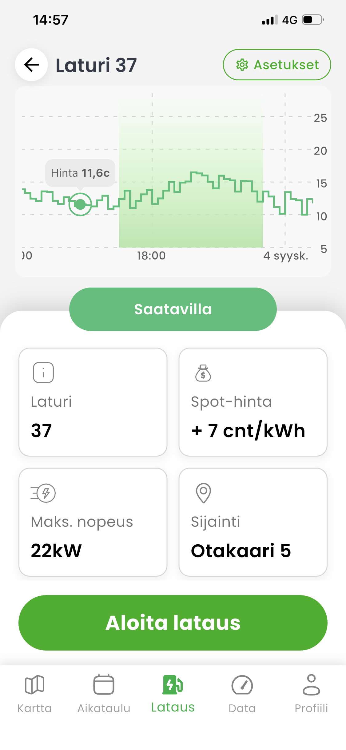 KotiCharge-sovellus näyttämässä kuukausittaista laskutusnäkymää