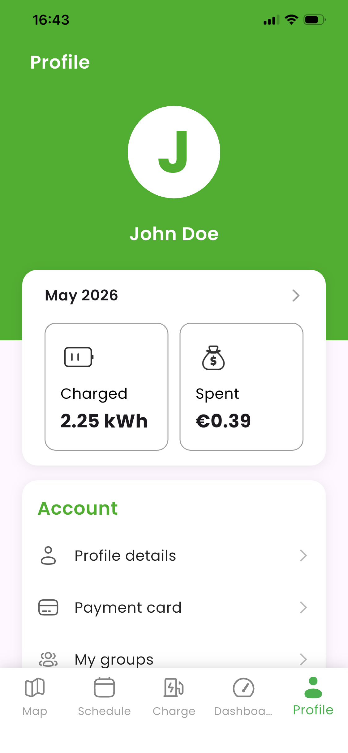 KotiCharge app showing employee charging usage and monthly cost