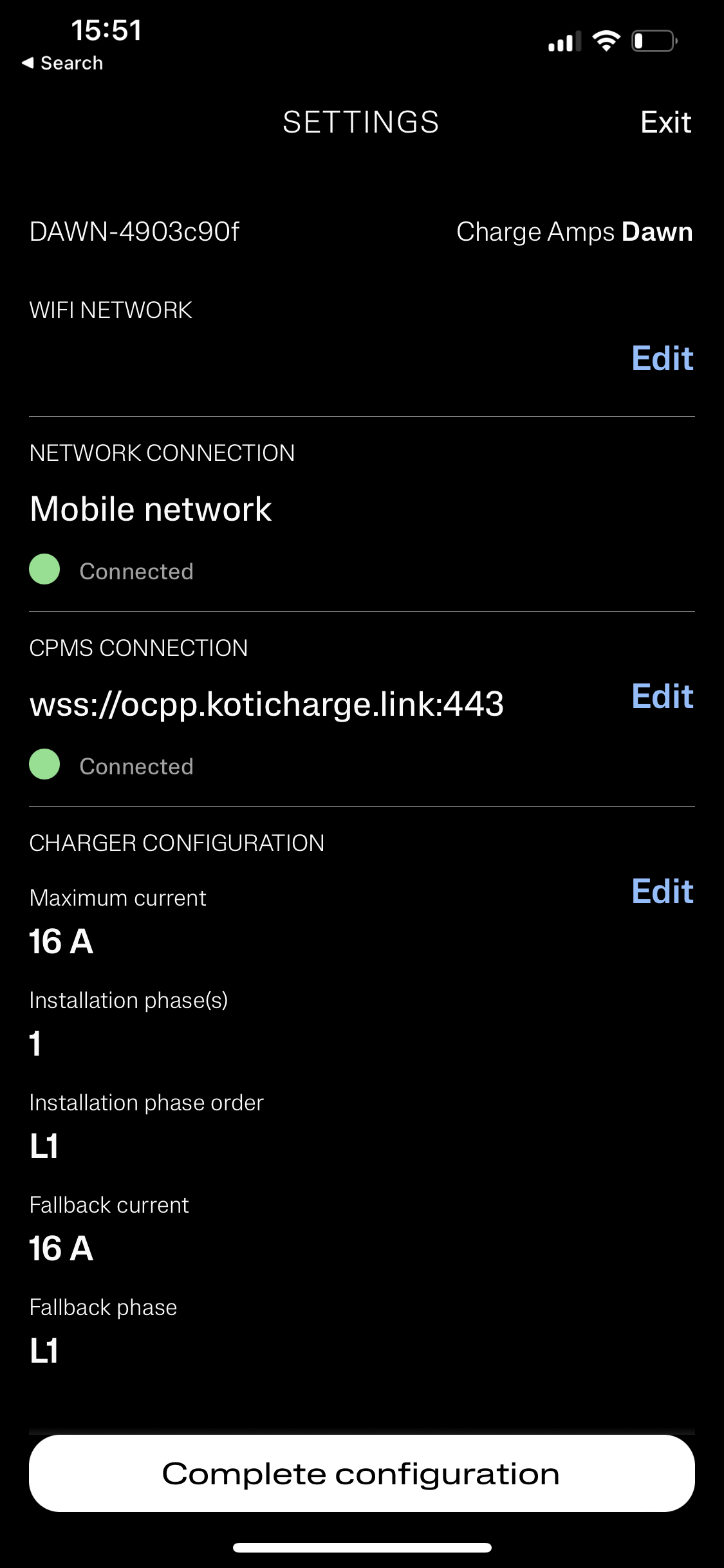 Charge Amps -latauslaitteen CPMS-yhteyden muokkausnäkymä