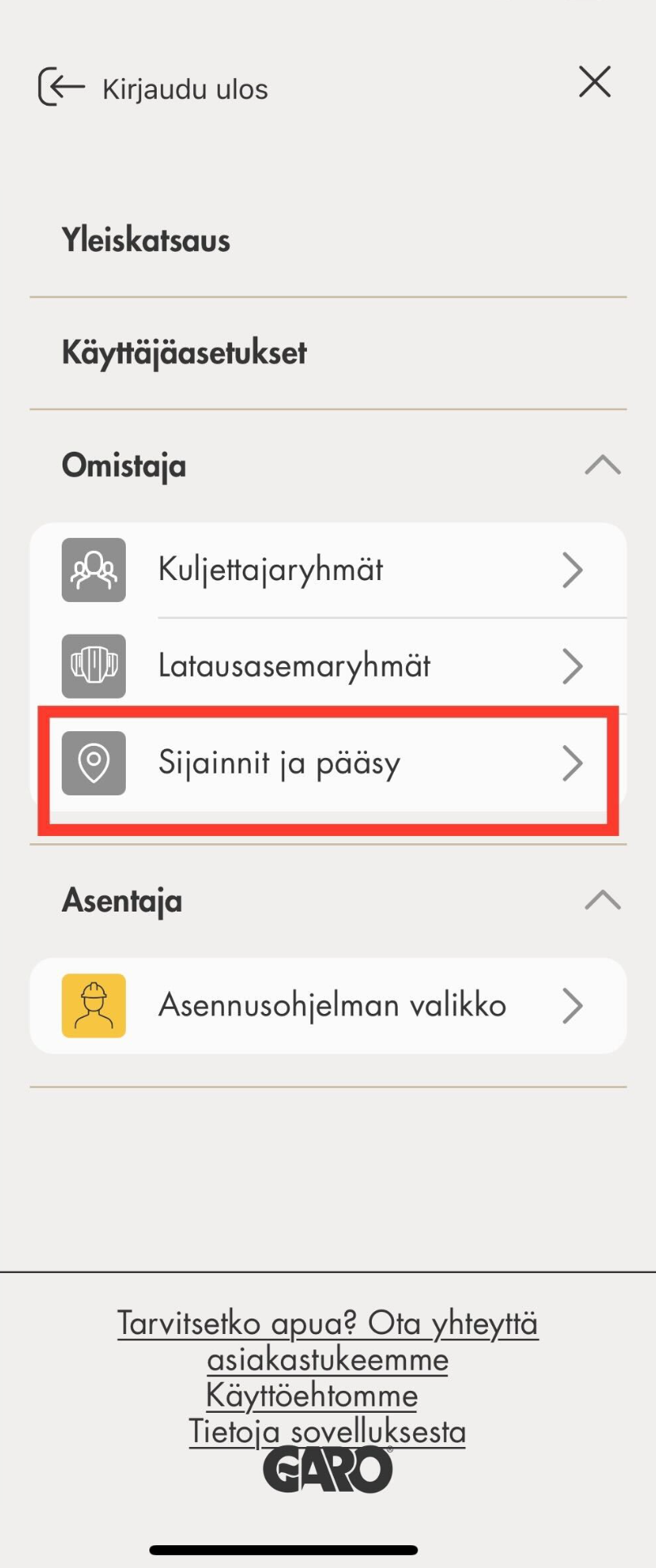 Garo Connect -sovellus – aloitusnäyttö