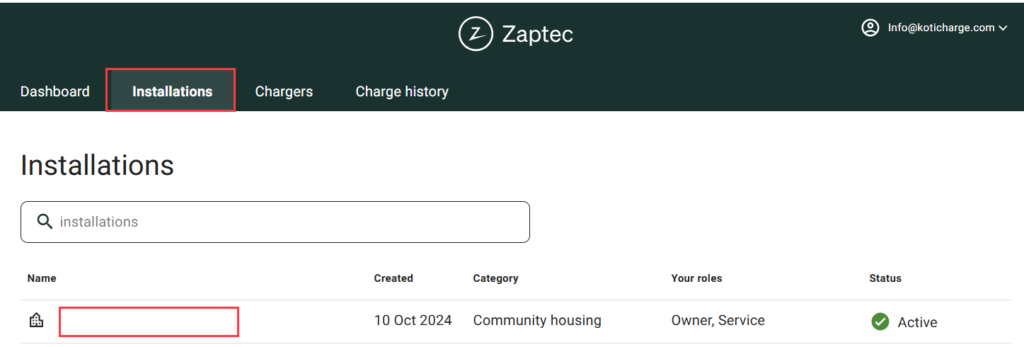 Zaptec Portal – asennuksen valinta