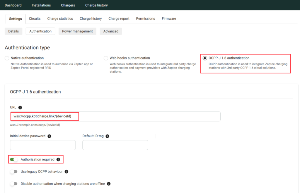 Zaptec Portal – OCPP-J 1.6:n valinta