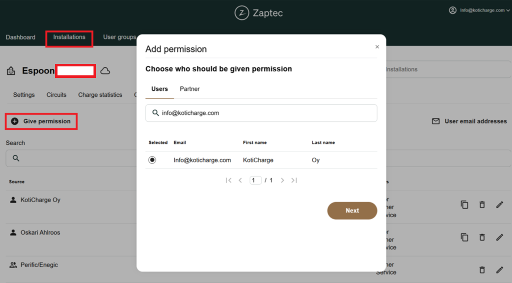 Zaptec Portal – operaattorin lisääminen, vaihe 1