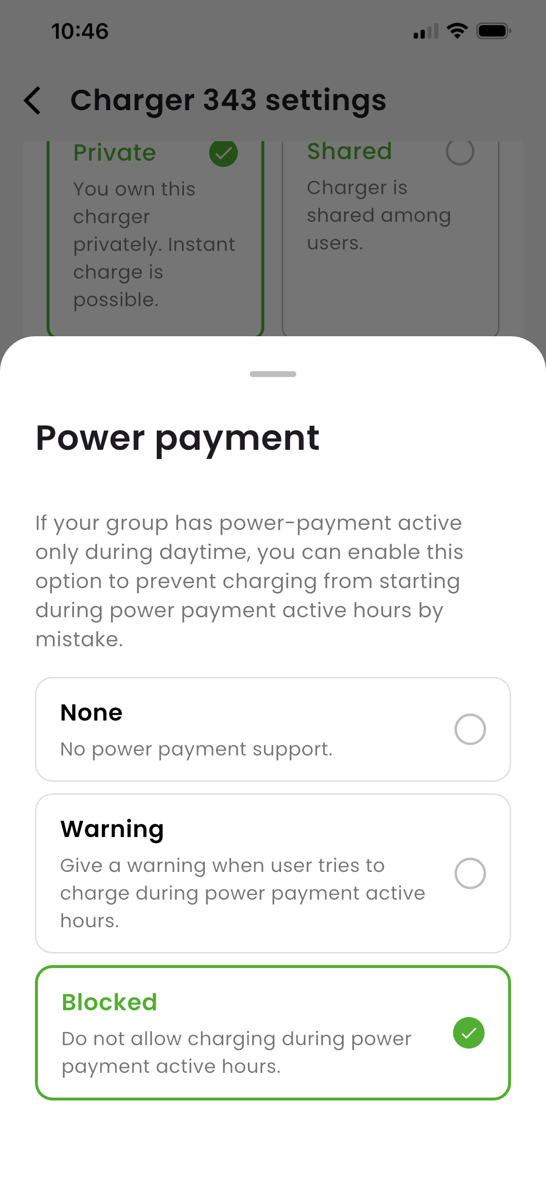 KotiCharge app screen showing peak hour charging mode selector: charge and pay, warn me, or block charging